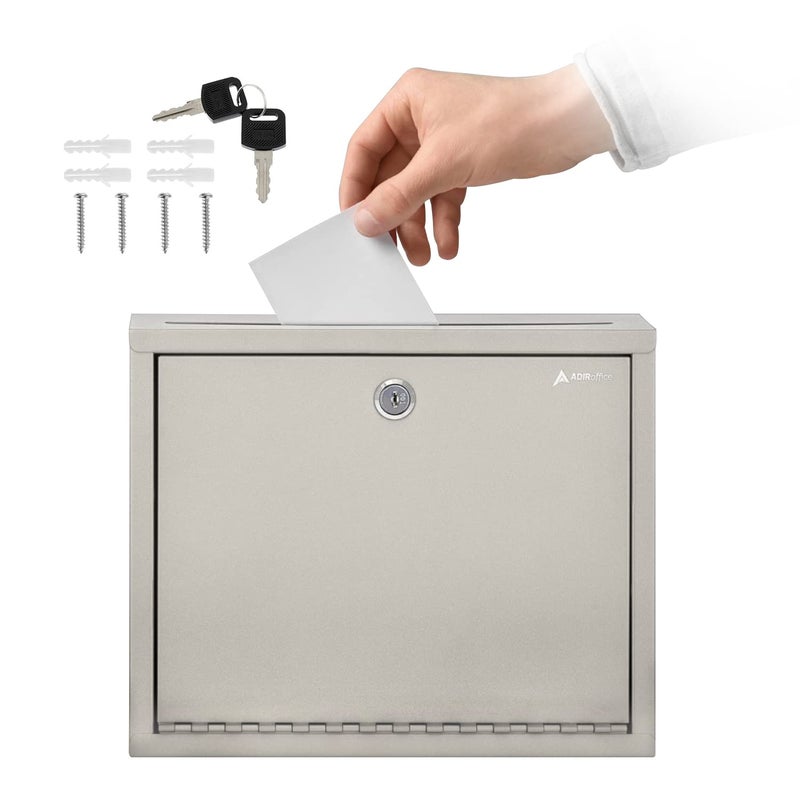 Adir Corp. Adir Metal Suggestion Box with Lock and Slot  Wall Mount Deposit Box for Payments and Checks  Office Mail Box for Employees  Mailbox for House  Safe Drop Box with Keys - 3x10x12 Inch Beige - Image 1